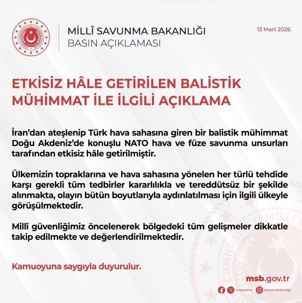 MSB: İran’dan gelen balistik mühimmat etkisiz hale getirildi