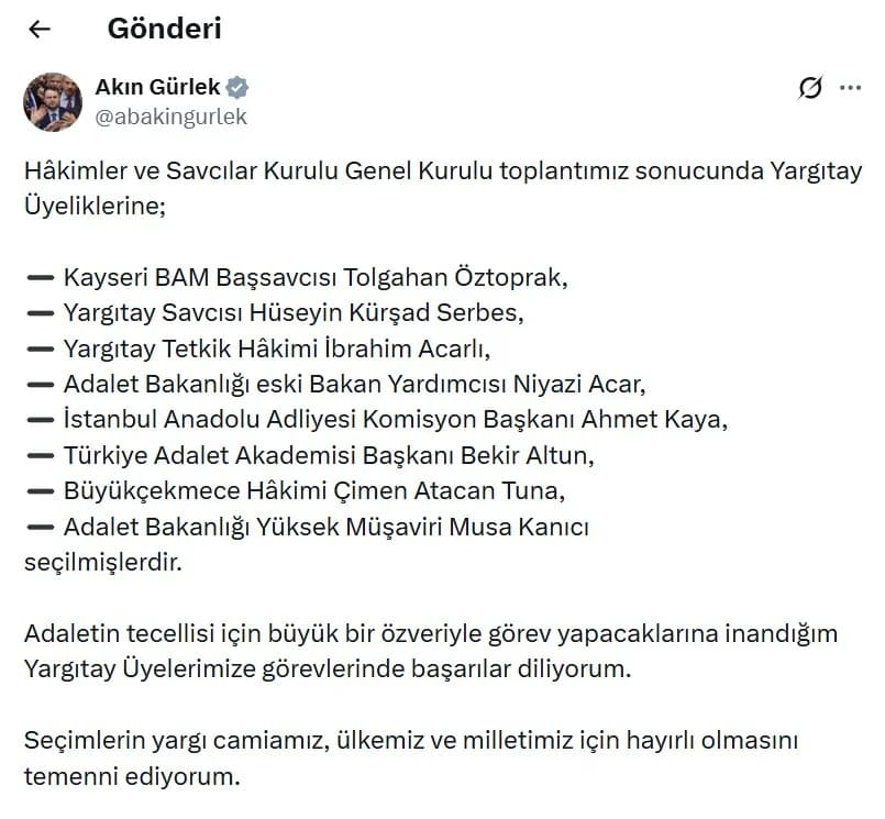 Bakan Gürlek Yargıtay Üyelerini Açıkladı
