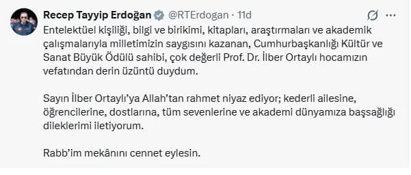 Cumhurbaşkanı Erdoğan’dan İlber Ortaylı’ya Taziye Mesajı
