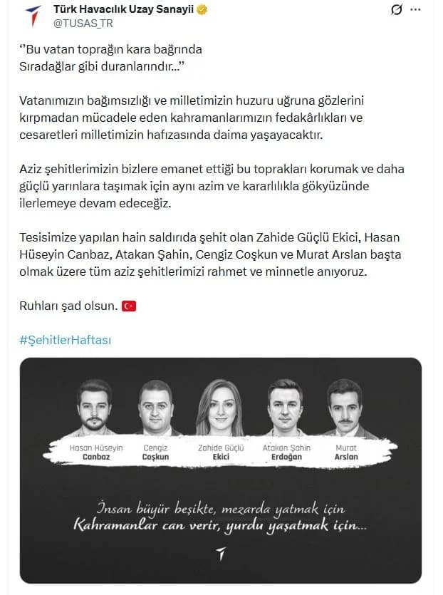 TUSAŞ, Şehitler Haftası’nda Kahramanlarını Andı