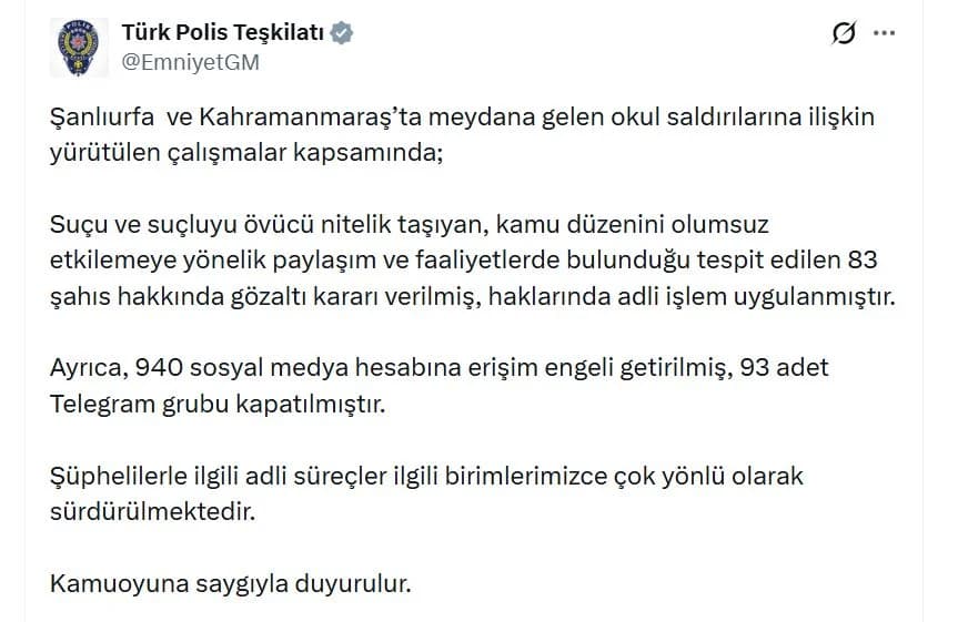 EGM’den Okul Saldırılarına Yanıt: 83 Kişi Gözaltında