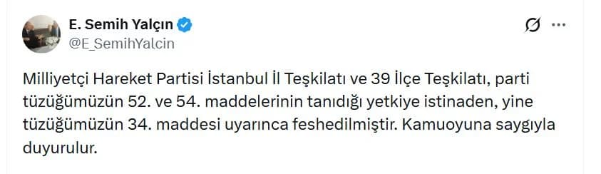 MHP İstanbul İl Teşkilatı Feshedildi