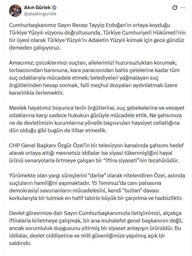 Bakan Gürlek’ten Sert Tepki: Türk Yargısı Talimat Almaz, Tehditlere Boyun Eğmez!