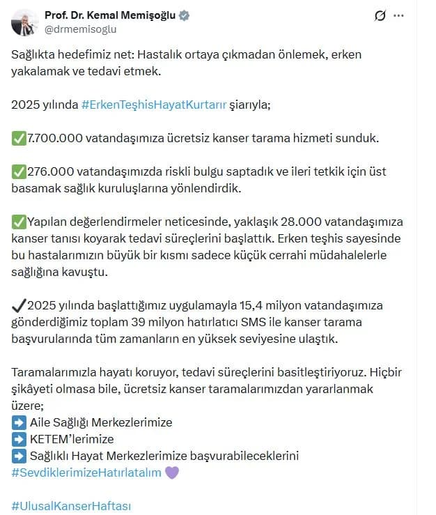 Bakan Memişoğlu: 2025’te 7.7 Milyon Kişiye Kanser Taraması Yapıldı