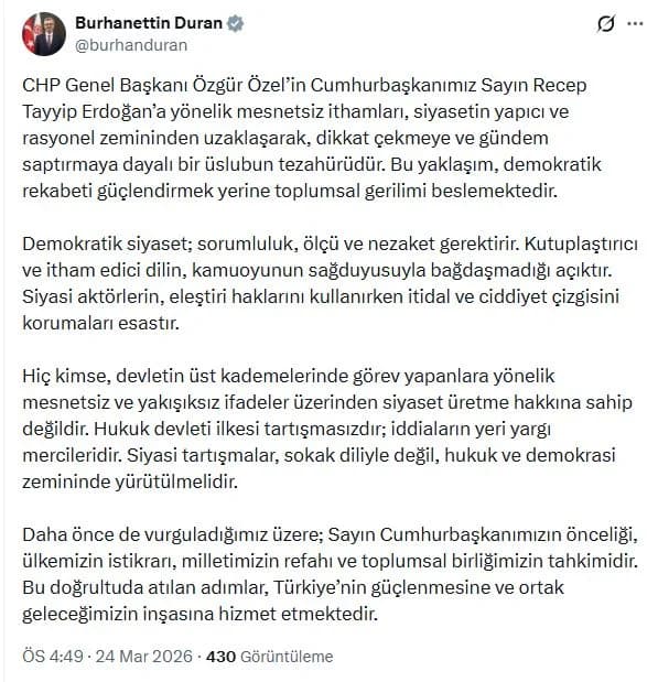 Burhanettin Duran: Demokratik Siyaset Sorumluluk ve Nezaket Gerektirir