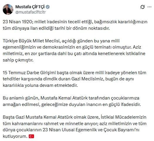 Bakan Çiftçi’den 23 Nisan Mesajı: Milli Egemenlik ve Çocuk Bayramı Coşkusu