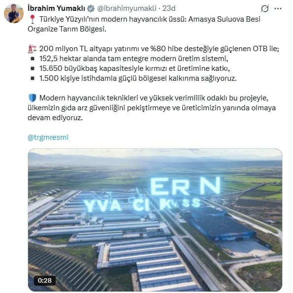 Bakan Yumaklı’dan Amasya Suluova Besi Organize Tarım Bölgesi Açıklaması