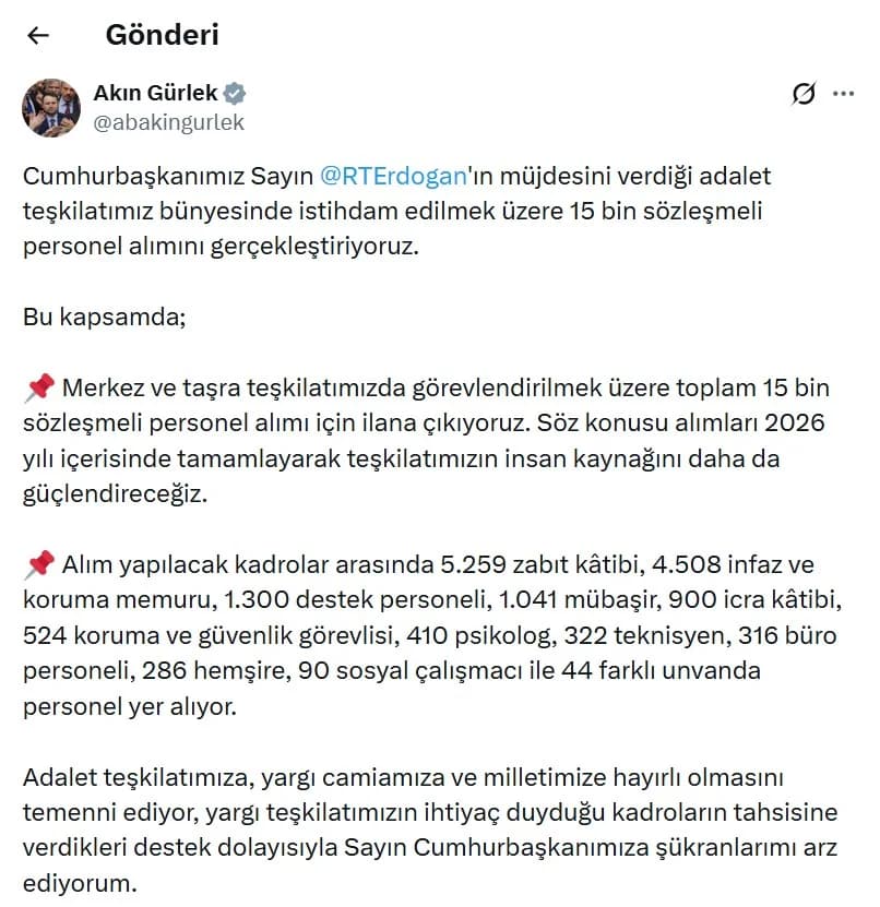 Adalet Bakanlığı’ndan Büyük Personel Ataması: 15 Bin Sözleşmeli Personel Kadrosu Açılıyor