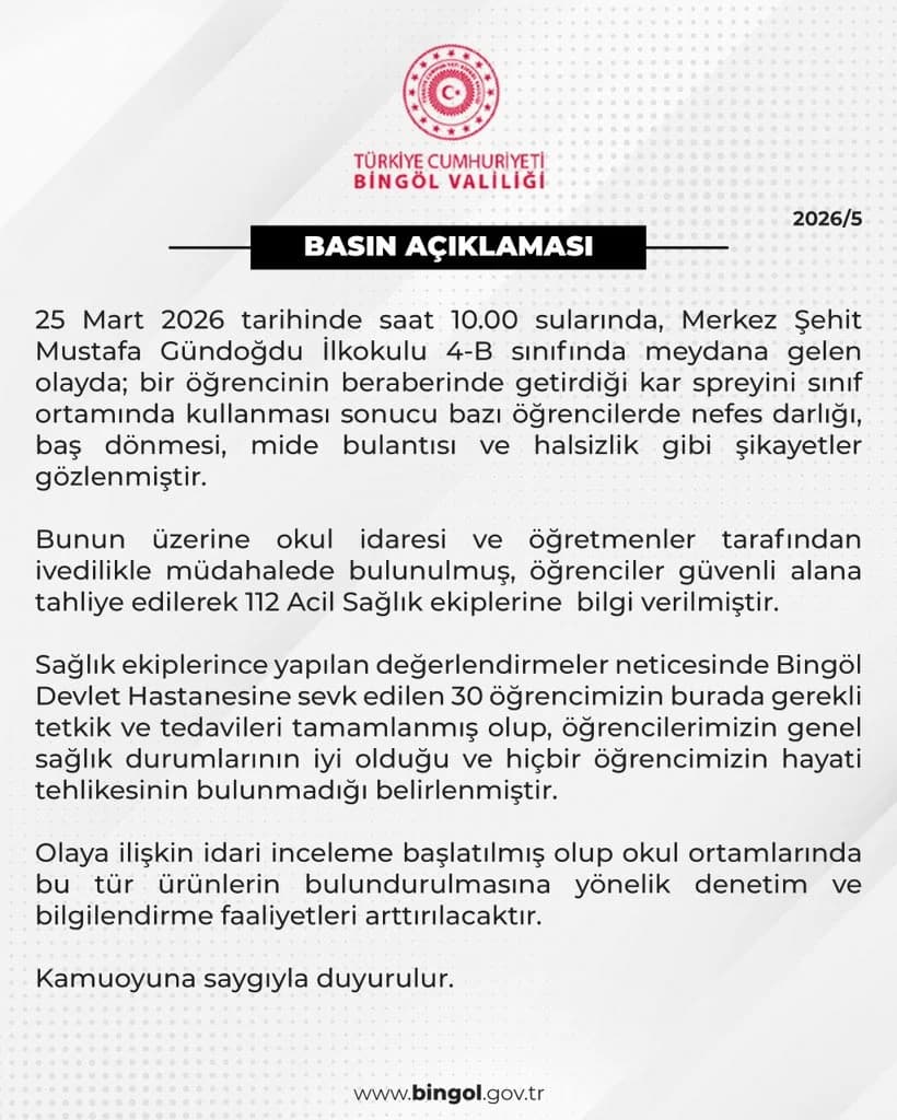 Bingöl’de Kar Spreyi Kullanımı Sonrası 30 Öğrenci Hastaneye Kaldırıldı