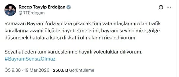 Cumhurbaşkanı Erdoğan’dan Ramazan Bayramı Trafik Mesajı
