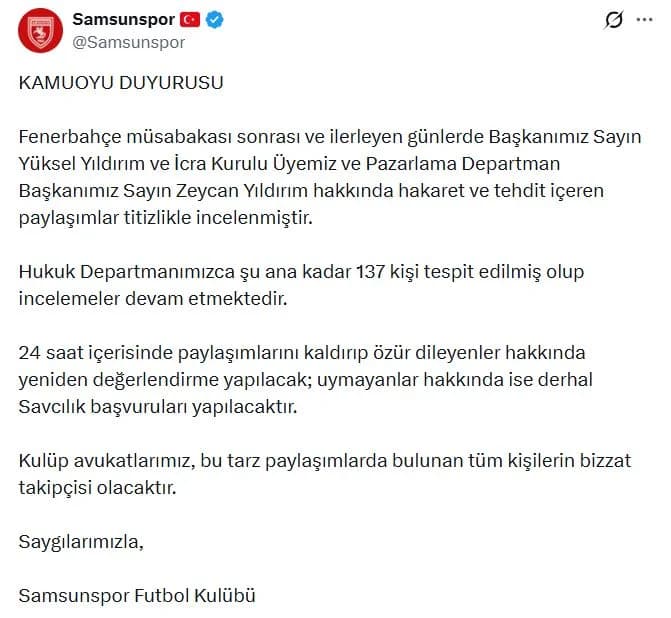 Samsunspor, Tehdit ve Hakaret Paylaşımları İçin 137 Kişiye Hukuki İşlem Başlatıyor