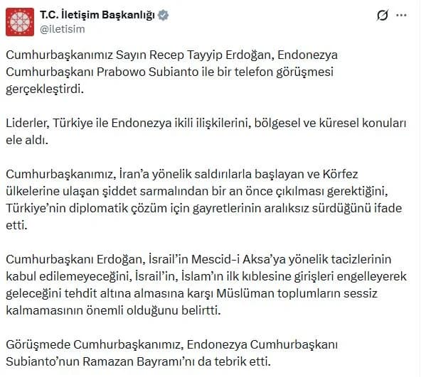Cumhurbaşkanı Erdoğan, Endonezya ile Önemli Bir Telefon Görüşmesi Gerçekleştirdi