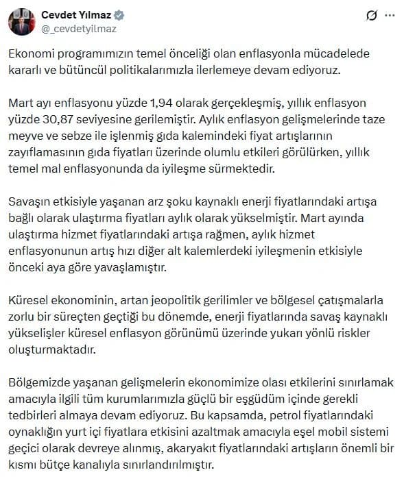 Cumhurbaşkanı Yardımcısı Cevdet Yılmaz: Ekonomimiz Dışsal Şoklara Karşı Dayanıklılığını Koruyor